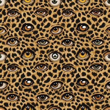 Leopard Print with Eyes Pattern Creates a Surreal and Captivating Design, patern seamless, Stock royalty free.