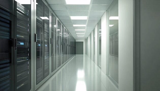 The image shows a long corridor in a data center; rows of glass-fronted server cabinets are visible on one side, and blank walls are on the other side. - Powered by Adobe