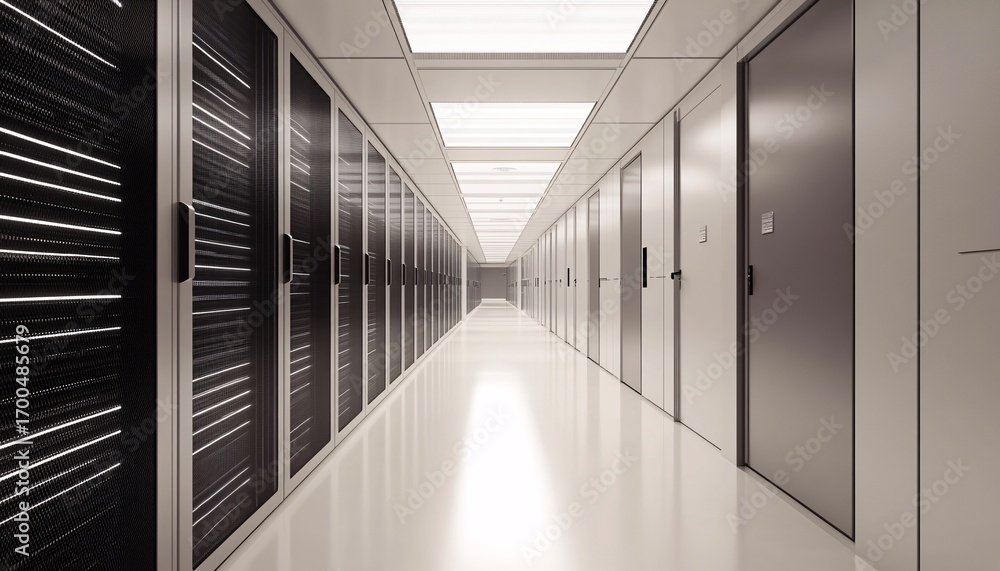Aufkleber the image shows a long, brightly lit hallway with rows of closed server racks on one side and closed