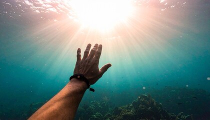 Underwater scene with a human arm reaching toward the sunlit surface, surrounded by coral and marine vegetation, evoking themes of aspiration, struggle, and transcendence through light and depth.
