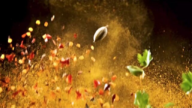 A vibrant explosion of spices and herbs, creating a dynamic culinary experience