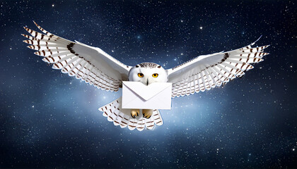 A white owl, a wizard's messenger, flies through the night sky over London, England, delivering letters.