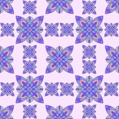 Blue and purple seamless pattern with flowers doodle mandala 