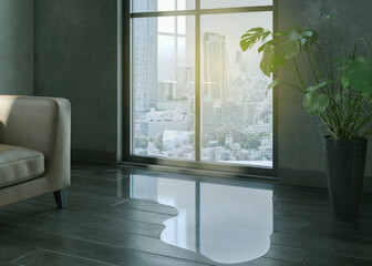 Water leaking and flooded on black wood parquet floor. Room floor will damage after the water flooded.