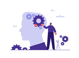 Learn new things or knowledge development for new skill concept, up skill, improve work qualification, businessman add new skill or gear into human head to upgrade working skill