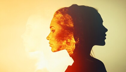 An illustration shows a woman's face in profile view, with an orange and yellow overlay creating a fiery effect, and a translucent figure behind it.