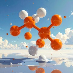 Floating orange and white spheres form a complex molecule suspended above a reflective landscape of clouds and ice.