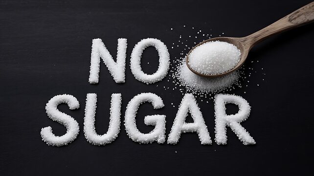 White sugar crystals spelling out the words no sugar on a dark background with a wooden spoon filled with sugar
