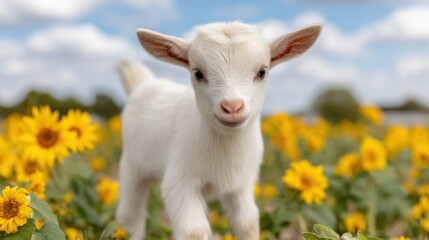 Obraz premium Adorable Baby Goat Walking Through Bright Sunflower Field Under Clear Blue Sky on a Warm Sunny Day Captivating Nature's Beauty and Joyful Moment