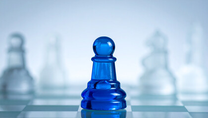 Unique glossy blue chess figure contrasted among faint blurred monochrome pieces in background