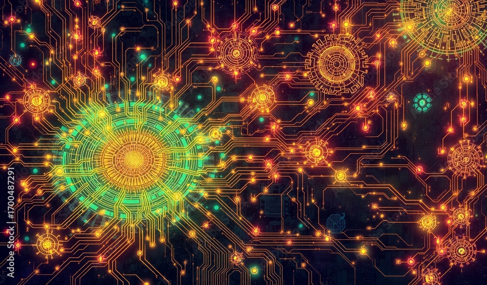 Poster vibrant circuit board pattern with intricate glowing nodes and illuminated pathways, evoking a sense