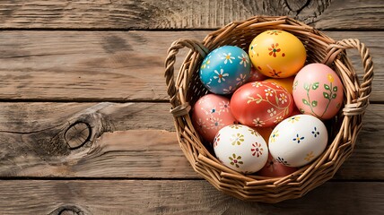 Woven easter basket overflowing with vibrantly colored and intricately decorated eggs on a rustic wooden table surface