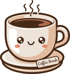 Cute coffee cup cartoon character with smiling face, kawaii espresso mug on saucer, morning coffee break illustration, hot beverage art