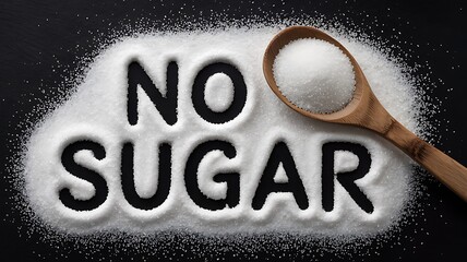 White granulated sugar forming the words no sugar with a wooden spoon filled with sugar against a dark background