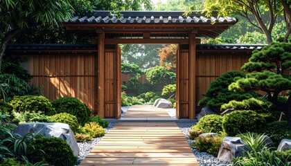 Fototapeta premium A serene Japanese garden gate, illuminated by sunlight, leads to a tranquil pathway lined with lush greenery and stones.