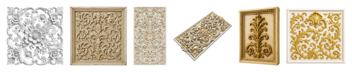 Obraz premium Ornate decorative panel set including white, gold, and aged beige relief elements isolated. Interior design and classical ornamentation.