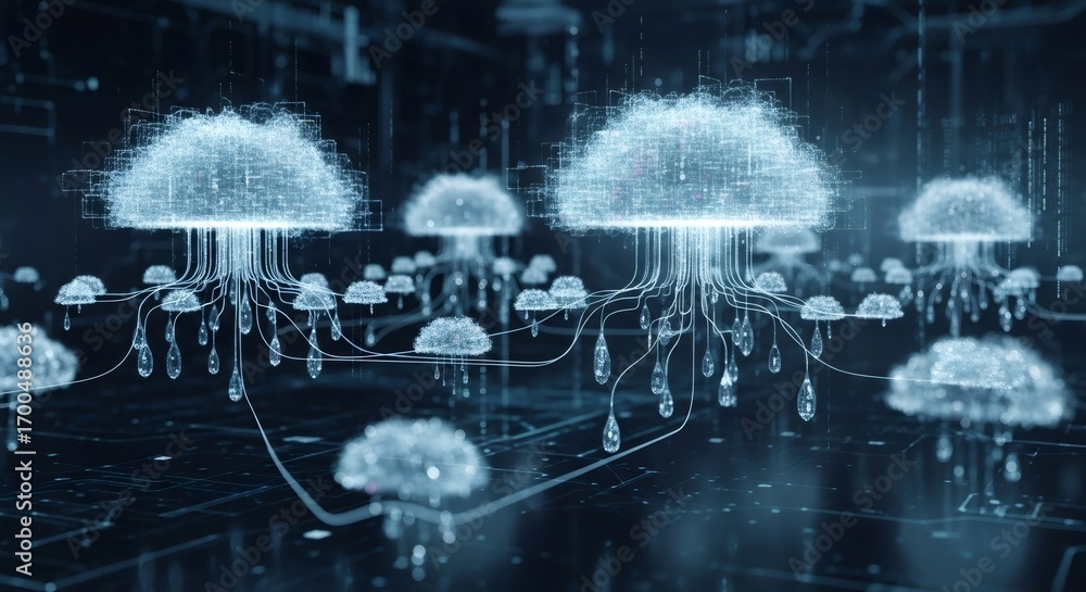 Aufkleber digital cloud computing network with data streams and droplets. abstract representation of global da