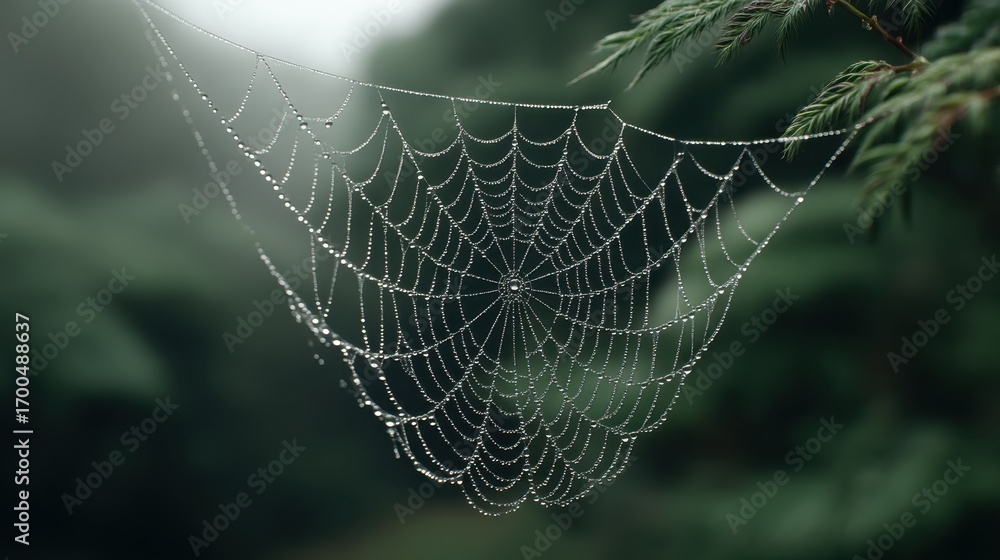 Poster delicate spider web adorned with dew drops in a lush green forest background captured in soft natura