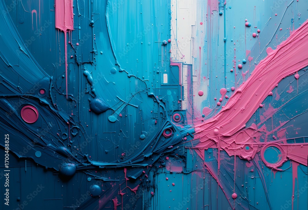 Poster surreal close up of thick textured paint with contrasting blue and pink flowing patterns creating