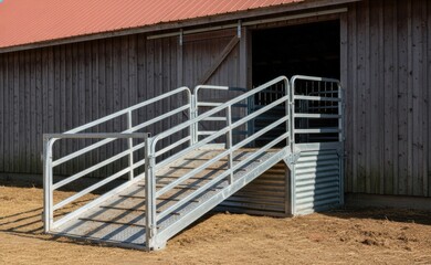 Fototapeta premium Medium shot of permanent steel cattle loading ramp fixed to barn highlighting sturdy construction and secure access for routine animal loading and unloading.
