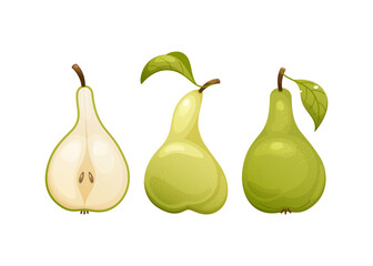 Set of three ripe, juicy pears. Design for a card, poster, flyer, banner. Vector illustration.