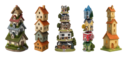 Miniature house set including diverse stacked models and architectural styles isolated. Whimsical property and community concept.