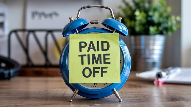 Retro blue alarm clock with a bright yellow sticky note that says paid time off reminding about vacation