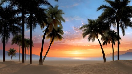 Obraz premium Serene Sunset Over Tropical Landscape with Palm Trees and Colorful Sky Atmosphere