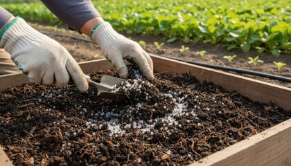 Medium shot of granuletype hydrogel additives mixing with rich topsoil highlighting sustainable farming practices and improved irrigation management techniques.