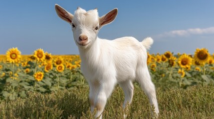 Fototapeta premium Adorable Baby Goat Standing in Front of a Bright Field of Sunflowers Under a Clear Blue Sky, Symbolizing Playfulness and Innocence