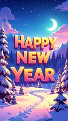 A vibrant winter landscape showcases the happy new year message with snow-covered trees and a winding path, bathed in warm twilight colors.