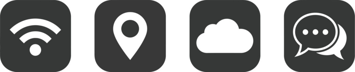 Modern app icons set for wi-fi location cloud chat and social media communication silhouette