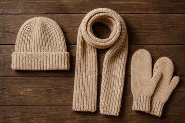 Beige Knitted Winter Set with Hat, Scarf and Mittens
