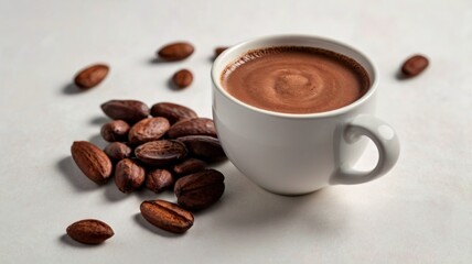 Obraz premium Thick, Swirled Hot Chocolate in a White Mug with Roasted Cacao Beans on a Clean Background