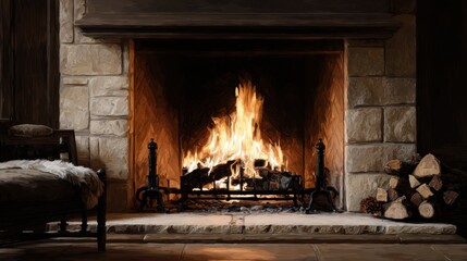 Cozy Fireplace with Flickering Flames and Rustic Stone Surround