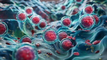 Microscopic view of vibrant red spherical cells clustered within a textured blue and green biological environment representing cellular structures or microorganisms
