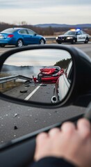 Obraz premium Man observing a car accident in a mirror, showing a red car after a crash with a barrier and a police car in background.