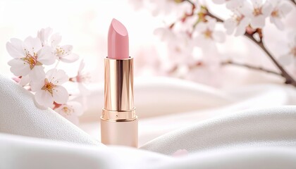 Elegant Pink Lipstick with Sakura Flowers on Satin