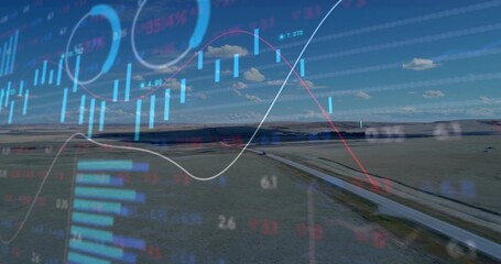 Displaying translucent candlesticks and line graphs across rural highway, with dark car and gauges