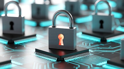 Digital padlock glowing with a fiery orange keyhole symbol representing cybersecurity and data protection on a circuit board