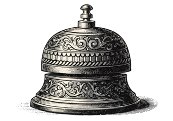 Detailed Engraved Illustration Of A Vintage Bell In Monochrome Against Isolated Transparent Background
