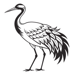 Black and White Stylized Crane Bird Illustration.