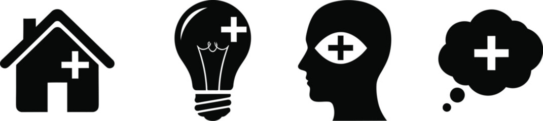 Abstract symbols of plus signs and geometric shapes symbolizing data and connectivity silhouette