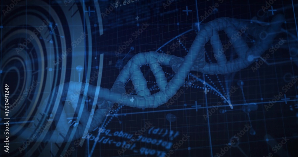 Poster floating dna double helix glowing and rotating in digital grid, with holographic hud elements