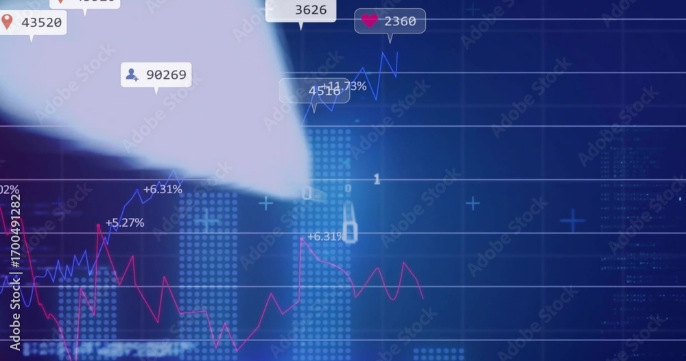 Poster displaying data dashboard on screen, with dotted bar charts, two-color line graphs and ui callouts