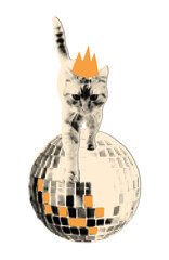 Trendy modern retro element for collage. Halftone cat wearing golden crown walking standing on shiny disco ball cut out vector illustration for mixed media design isolated on transparent background 