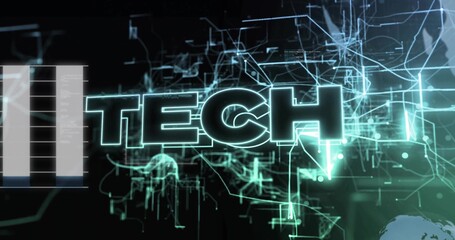 Shining TECH lettering on console showing neon-green circuits and chart panel with globe silhouette