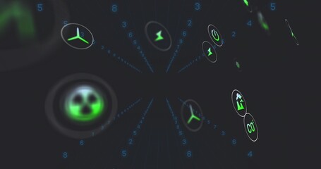 Floating energy icons moving in 3D data tunnel, with wind turbine, factory CO? and numeric streams