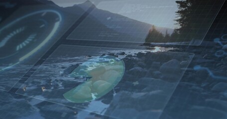 Displaying rocky shoreline by calm lake glowing with digital holograms, with world map overlay