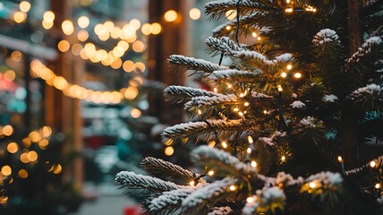 Close up of a snow covered evergreen tree decorated with warm glowing fairy lights creating a festive holiday atmosphere outdoors
